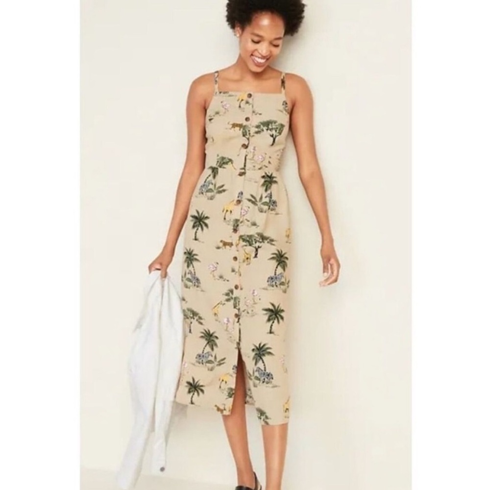 NWOT Old Navy Linen Safari Print Beige Midi Dress XS